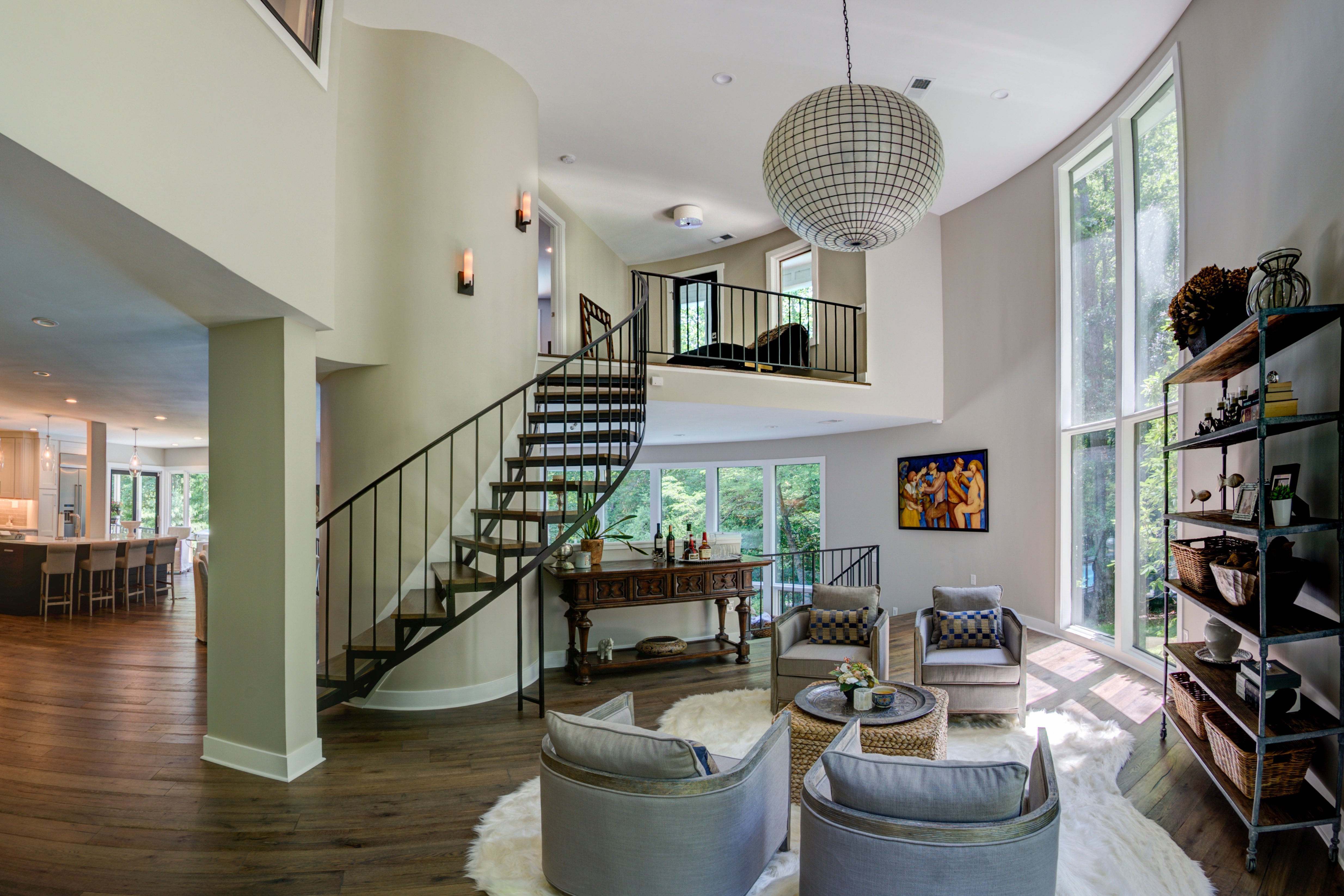 Black metal spiral staircase in home