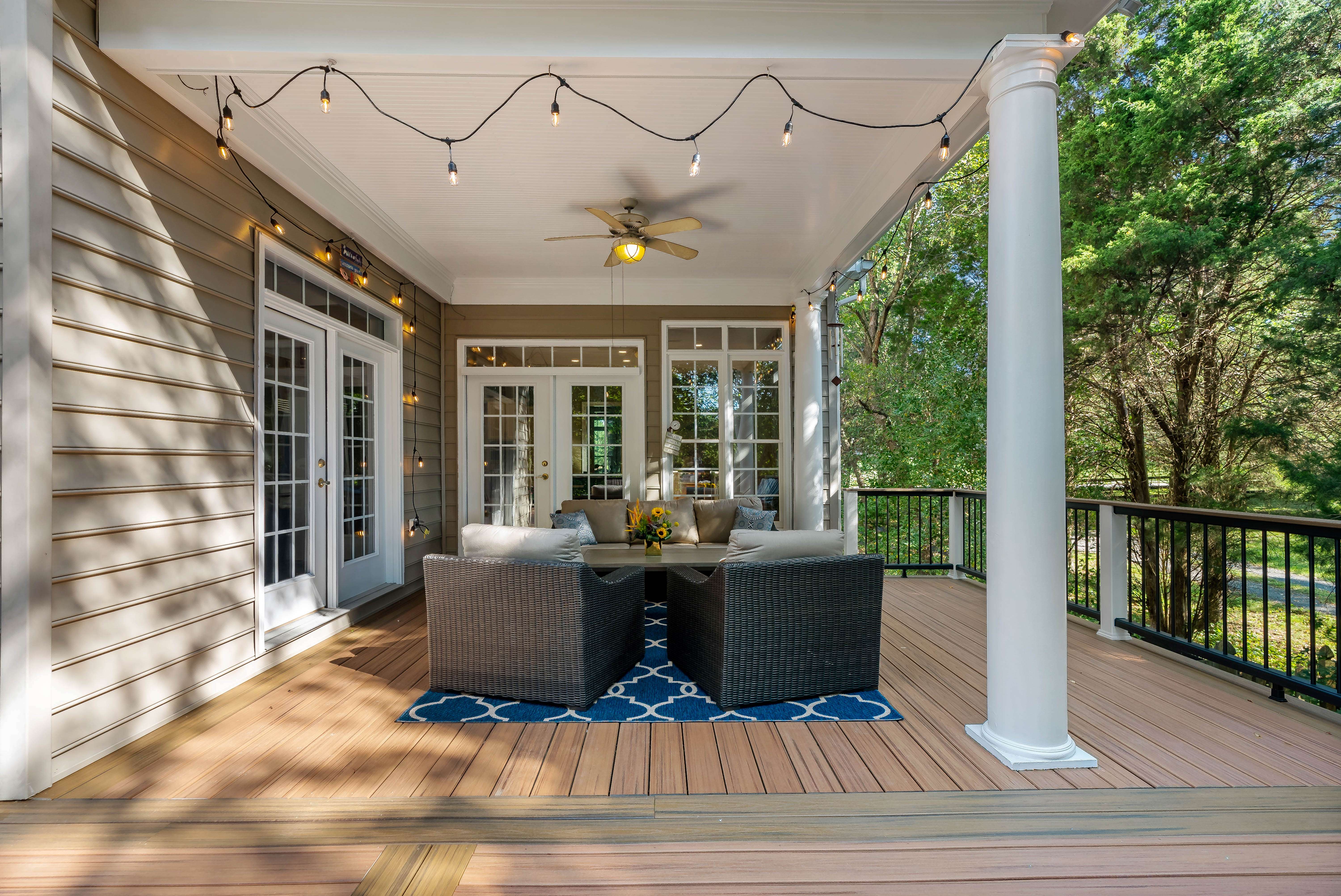 Covered deck remodel with twinkly string lights for Christmas