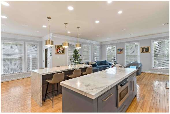Two kitchen islands with seating and food prep space