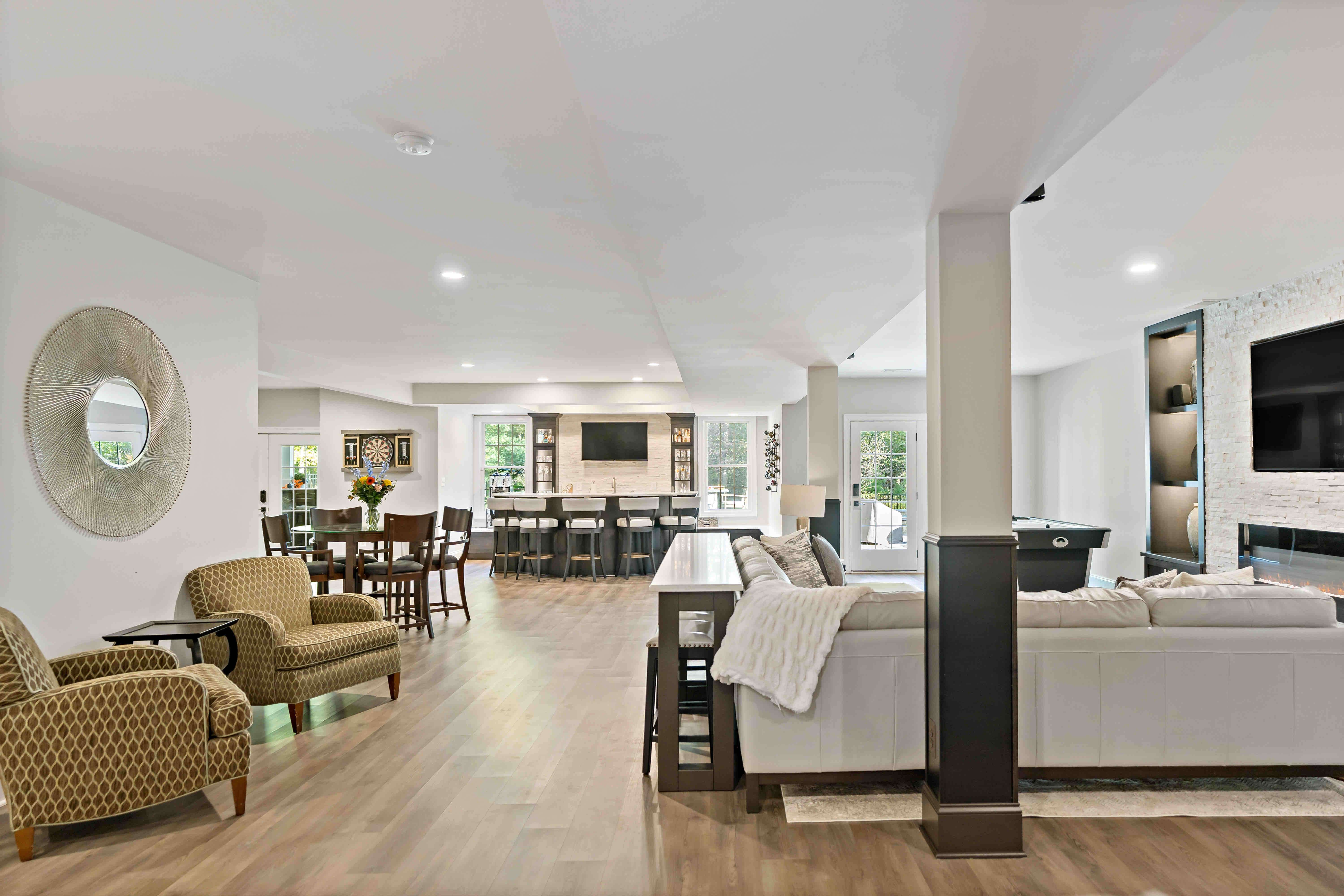 Open spacious basement with bar and entertainment space